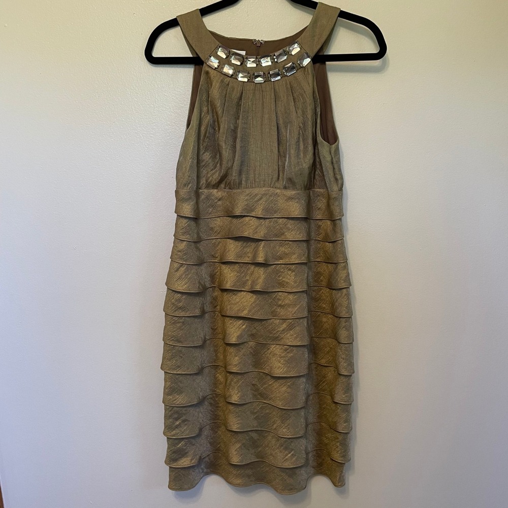 Jeweled Neck Bronze/Gold Tiered Ruffle London Times Cocktail Dress 8 Shimmer